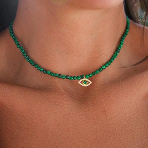 Malachite Choker Necklace, Malachite Beaded Necklace, Evil Eye Necklace, Delicate Genuine Birthstone Necklace, Green Malachite Evil Eye