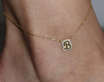Tobillera personalizada de oro de 14k con iniciales, pulsera tobillera de plata de ley con placa de nombre engastada para mujer.