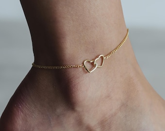 Tobillera cubana de doble corazón de oro de 14k, pulsera tobillera de plata esterlina para mujer