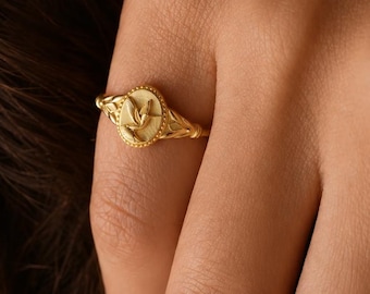 Anillo de colibrí, anillo de sello de oro para el dedo meñique de mujer