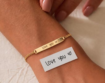 Actual Handwriting Bracelet, Custom Mother gift Memorial Bangle 14k Gold Engraved Personalized Signature Bar Bracelet