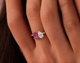 Anillo Toi Et Moi personalizado, anillo con dos piedras de nacimiento, anillo de pareja personalizado de oro de 14k de Danity, joyería de aniversario para ella.