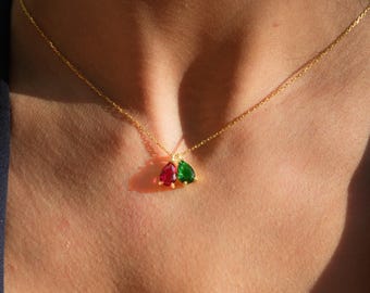 Collar personalizado con dos piedras de nacimiento, collar de rubí y esmeralda en oro de 14 k, regalo familiar de aniversario para mamá, regalo de piedra de nacimiento para novias, doble mes de nacimiento.