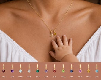 Collar infantil con piedra de nacimiento para mamá, collar infantil personalizado con piedra de nacimiento e iniciales, collar familiar personalizado, collar con piedra de nacimiento para la abuela