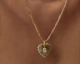 Pave Letter Heart Necklace, Pave Diamond Heart Pendant, 14k Gold Delicate Heart Necklace, Diamonds Heart Necklace, Elongated Heart Necklace