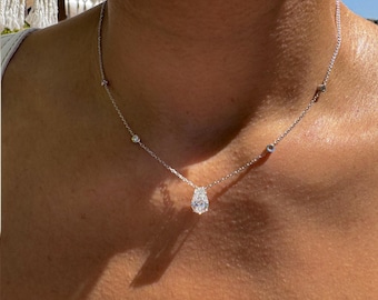 Collar de diamantes cultivados en laboratorio con corte de pera, collar de diamantes con bisel en oro macizo de 14 k, collar de diamantes para novias, joyería de diamantes cultivados en laboratorio con corte de pera