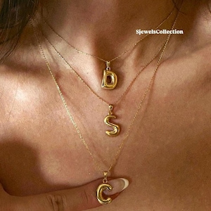 Colar de letras de bolhas, mini pingente de letras do alfabeto fofo, pingente de letras de balão de ouro 14k, colar de letras 3D personalizado, colar de balão