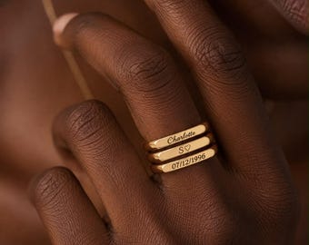 Anillo personalizado a medida, delicado anillo con placa grabada con nombre, joyería con nombre, anillo con nombre de oro macizo de 14k para mujer