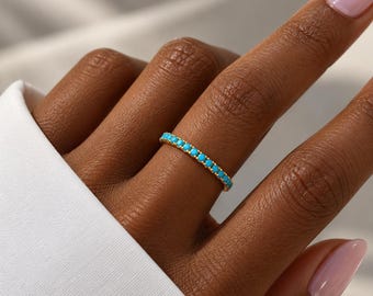 Custom Turquoise Stackable Birthstone Ring, Dainty Multi stone Personalized 3 Birthstone Family Jewelry for women, Grandma birthday gift