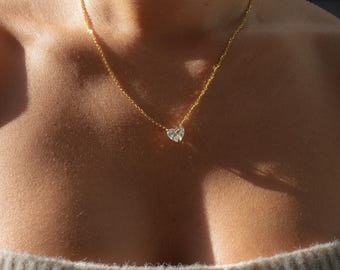 Collar de corazón con diamantes cultivados en laboratorio, collar de diamantes de oro macizo de 14 k, collar de diamantes para novias, joyería con diamantes cultivados en laboratorio, colgante de corazón