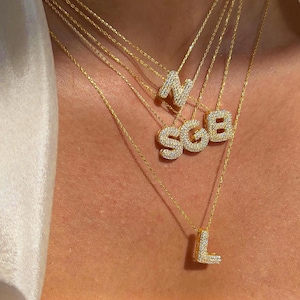 Colar com letras iniciais em formato de bolha, pingente com letras em formato de diamante, letra brilhante em ouro 14k, colar com letras 3D personalizadas, colar com balões