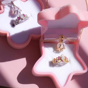 Heart Necklace, Delicate Princess Necklace, Rose Quartz Heart Pendant, Friendship Best Friend Necklace, Diamond Castle Ring and Necklace