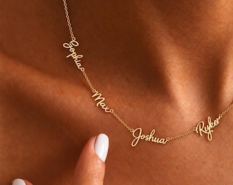 Personalized Dainty Name Necklace, Multi Name Family Necklace, 14K Gold Custom Nameplate Jewelry for kids womens