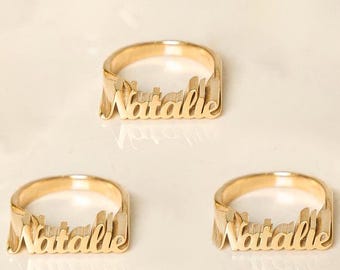 Anillo personalizado 3D de oro laminado de 14k, joyería delicada y personalizada, anillo con placa de nombre personalizada, anillo con año personalizado, anillo con letras 3D, anillo con nombre 3D