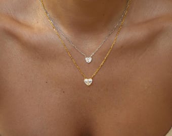 Collar con corazón de diamante cultivado en laboratorio, joyería nupcial de oro macizo de 14k con diamantes.