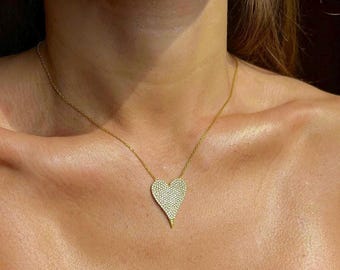 Colar com Pingente de Coração Cravejado de Diamantes, Colar Delicado com Coração Grande em Ouro 14k, Colar com Coração Pequeno, Colar Alongado com Símbolo do Amor