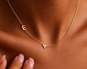 Custom 14K Gold Sideways Initial Necklace, Personalized 2 Letter Family Necklace, Christmas Gift