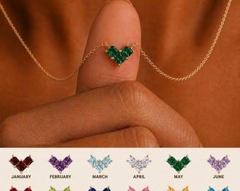 Collar familiar con delicado corazón y piedra natal, collar minimalista de 3 piedras natales para mamás y mujeres, regalo de graduación