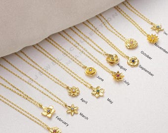 Collar de flor de nacimiento para mujer, joyería de flor de nacimiento, delicado collar de flor de nacimiento de oro, collar de piedra de nacimiento personalizado para hija abuela