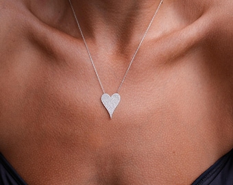 Pave Heart Necklace, Pave Diamond Heart Pendant, 14k Gold Delicate Large Heart Necklace, Small Heart Necklace, Elongated Heart Necklace