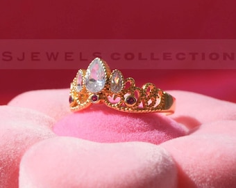 Diamond Crown Ring, 14k Gold Dainty Princess Crown Rings, Best Friend Rings Set, Engagement Adjustable Band Ring, Pinky Rings, Cool Rings