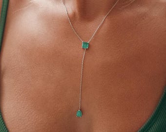 Pear and Emerald Gemstone Necklace, Pear and Baguette Emerald Lariat Long Y Necklace, Moissanite Diamond Tennis Jewelry