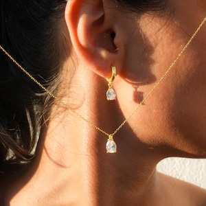 Bröllopshalsband och örhängen med diamanter, diamantkristallhänge, stiftörhängen, ädelsten med födelsemånad, hängande örhängen med födelsesten