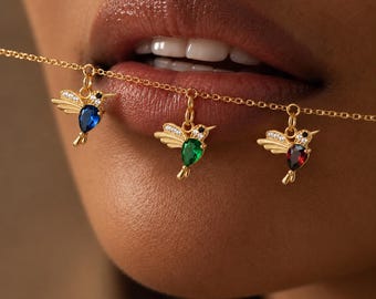 Personalized Family Birthstone Hummingbird Necklace , 3 Birtshtone Custom Grandma Mother Christmas gift for her , Two Birthmonth Jewelry