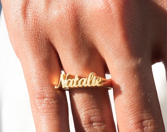 Anillo personalizado en 3D de oro macizo de 14 k, joyería personalizada delicada, anillo con placa de identificación personalizada, anillo con identificación personalizada, anillo con letras en 3D, anillo con identificación en 3D