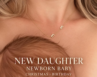 Custom 14K Solid Gold Sideways Initial Newborn Necklace for mom, Personalized 2 Letter Family Necklace, Christmas Gift, Grandma Necklace