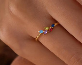 Anillo personalizado con piedra natal en forma de marquesa, diseño de hojas con múltiples piedras, joyería personalizada para la familia con 3 piedras natales, ideal para mujeres y como regalo de cumpleaños para la abuela.