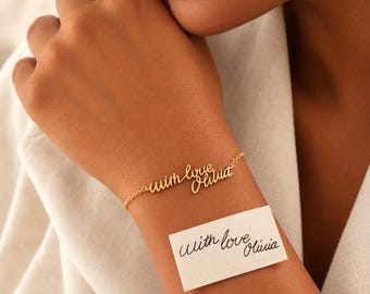 Pulsera personalizada con escritura a mano, regalo para madres, pulsera conmemorativa grabada en oro de 14k con firma personalizada.