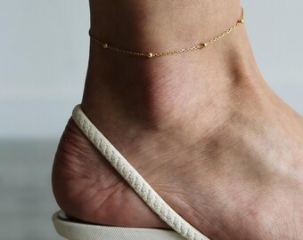 Tobillera de cadena de cuentas de oro de 14k, pulsera de tobillera de plata esterlina para mujer