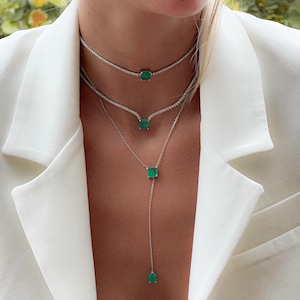 Pear and Emerald Diamond Tennis Necklace, Tennis Choker, Pear and Baguette Emerald Lariat Long Necklace, Moissanite Diamond Tennis Jewelry