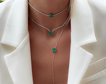 Pear and Emerald Diamond Tennis Necklace, Tennis Choker, Pear and Baguette Emerald Lariat Long Necklace, Moissanite Diamond Tennis Jewelry