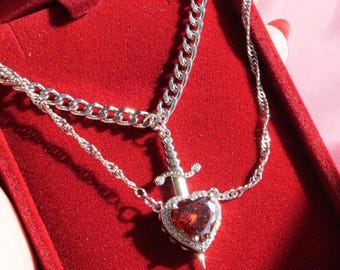 Ensemble de colliers pour couples avec épée coeur rouge, bijoux assortis pour couple