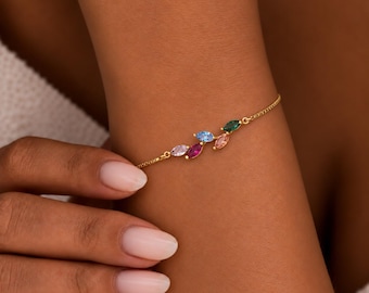 Custom Marquise Birthstone Bracelet, Leaf Multi stone Cluster Personsonalized Family  Birthstone Jewelry for women, Granma birthday gift