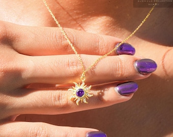 Colar Pave Opal Sun, colar Lost Princess Sun de ouro 14k, colar Best Friend, colar Pave de diamante, joias celestiais, colar Pave