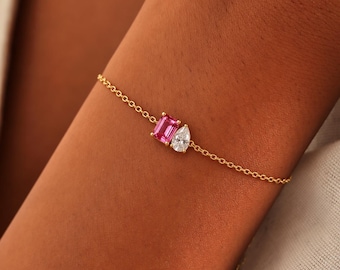 Pulsera Toi Et Moi personalizada, pulsera con dos piedras de nacimiento, pulsera Danity de oro de 14k con forma de pera y lágrima, joyería de aniversario para ella.
