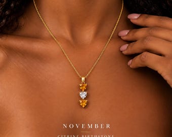 Custom Citrine November Heart Birthstone Family Necklace , 3 Birthstone Grandma Christmas gift for her , Personalized Two Birthmonth Jewelry