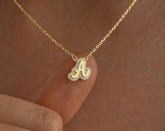 Naszyjnik z konturem litery Pave Bubble, wisiorek z literą Pave Diamond, naszyjnik z imieniem Bubble ze złota 14k, niestandardowy naszyjnik z literą 3D, naszyjnik z balonem