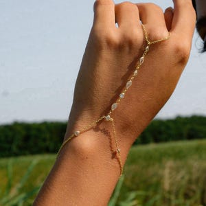 Gold Hand Chain, Bridal Hand Chain Bracelet, Silver Hand Chain, Finger Bracelet, Pear Dainty Hand Chain Bracelet, Bezel Diamond Hand Chain