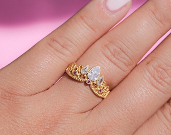 Diamond Crown Ring, 14k Gold Dainty Princess Crown Rings, Best Friend Rings Set, Engagement Adjustable Band Ring, Pinky Rings, Cool Rings