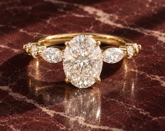1.5 2.5 3CT Oval Cut Lab Diamond Accent Ring for Travel, Wedding Promise Ring for her, Gold Simulated Solitaire Engagement Ring