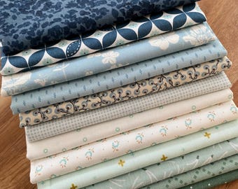 Lot de 12 gros quarts bleu et sauge – tons neutres modernes doux | Lot de tissus pour courtepointe