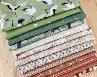 Lot de 12 Fat Quarters - Tissu rouille et vert grue - Coton pour matelassage coordonné