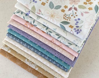 Lot de 12 Fat Quarters - Tissu en coton rose poudré, sauge et bleu poudré - Lot de matelassage cottage