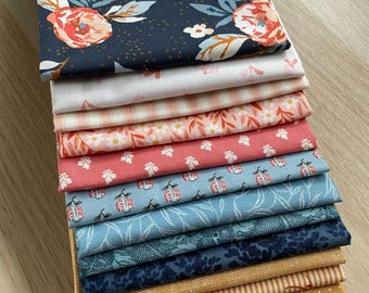 Curated Fat Quarter Bundle of 12 prints in Blues, pinks and warm golds.