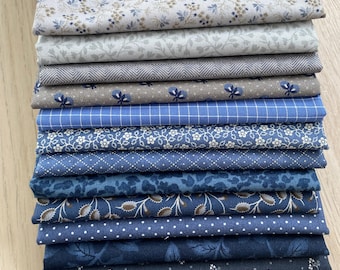 12-Piece Blue & Neutral Fat Quarter Bundle – Vintage Style Floral Cotton Quilting Fabric