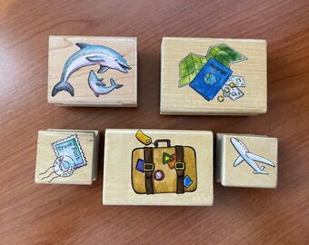 Travel Rubber Stamp Set: Dolphin, Suitcase, Airplane - 5 Stamps